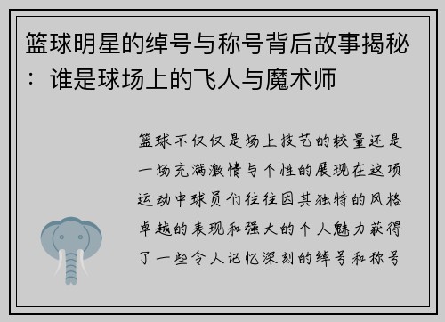篮球明星的绰号与称号背后故事揭秘：谁是球场上的飞人与魔术师