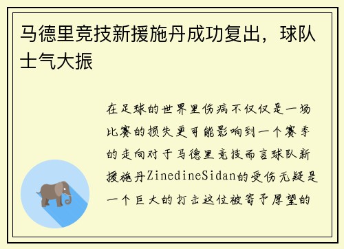 马德里竞技新援施丹成功复出，球队士气大振